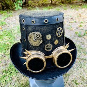 Vintage Wool Top Hat with Goggles Gears Halloween